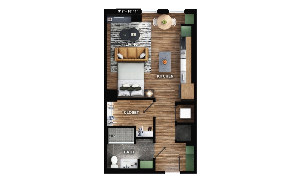 S4 Acc - Studio floorplan layout with 1 bath and 568 square feet. (Preview)