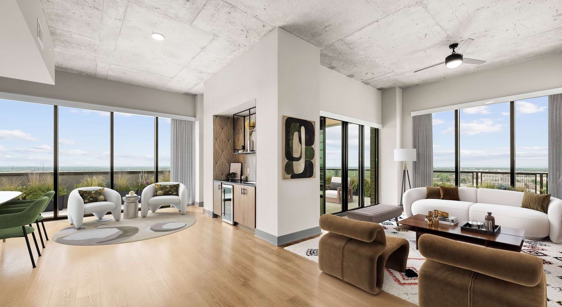Penthouse living and dining room with city views